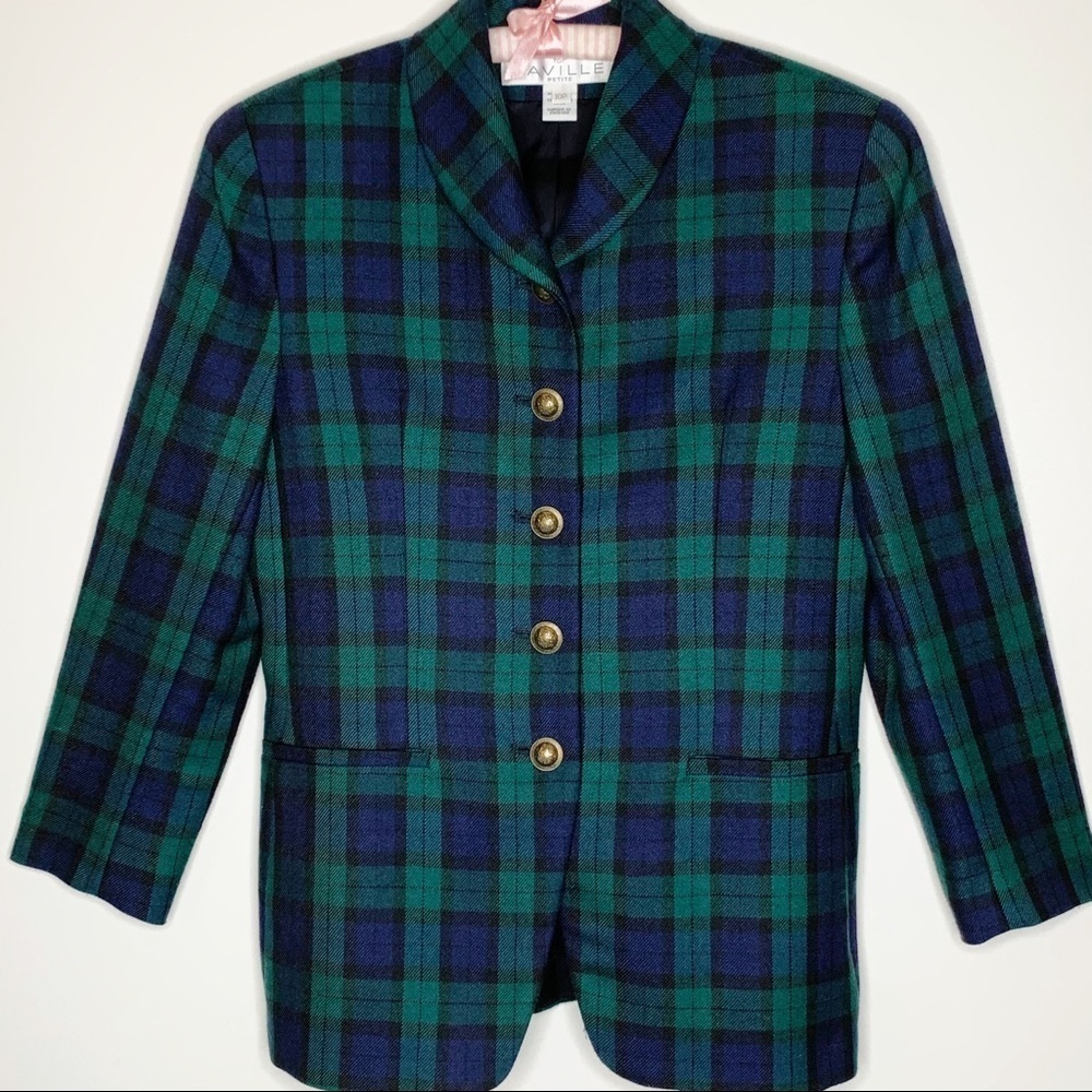 Y2K Rena Rowan Saville Wool Blend Tartan Plaid Blazer Brass Buttons Size 10P